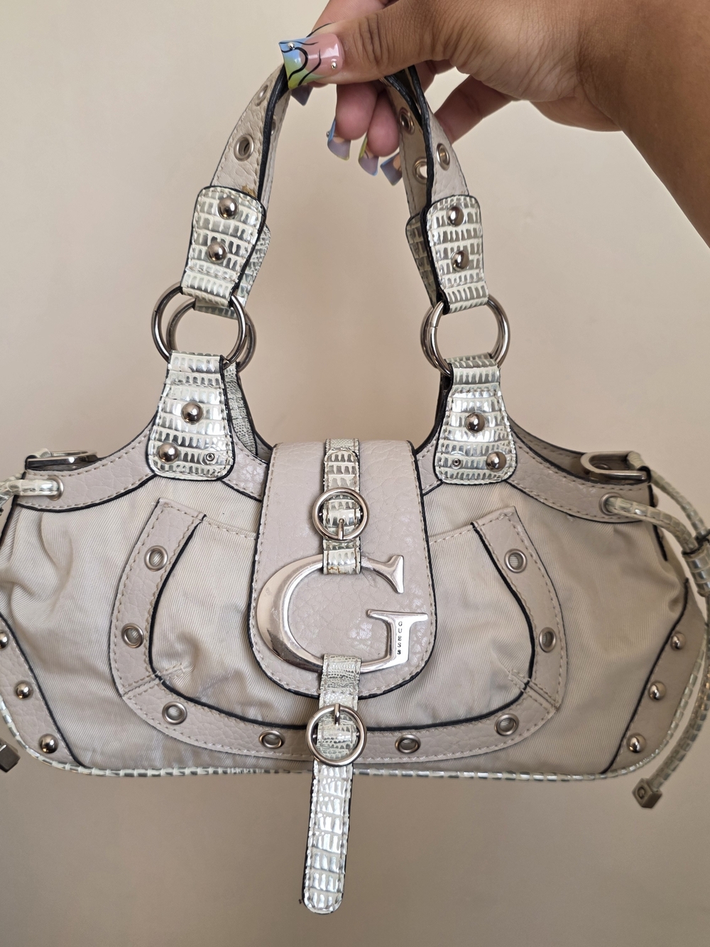 Y2k Vintage Guess Beige and Silver Logo Satchel